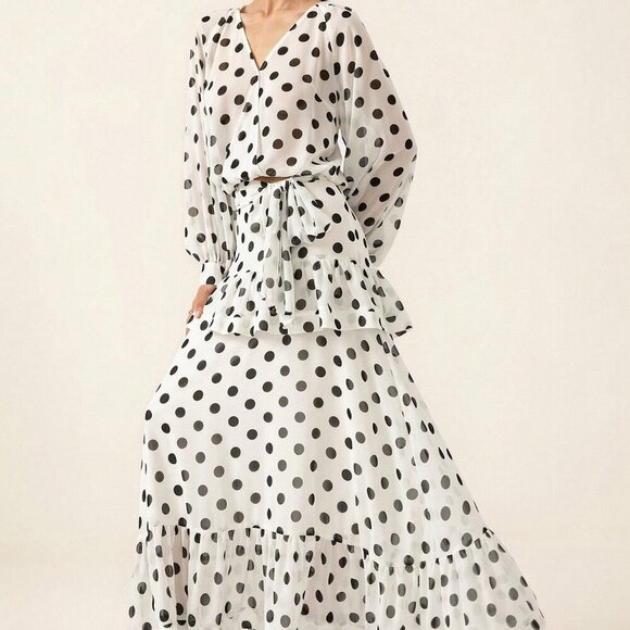 Elegant Women's Polka Dot Bowknot Flare Sleeve Ruffle top & Maxi skirt set - Picture 3 of 7